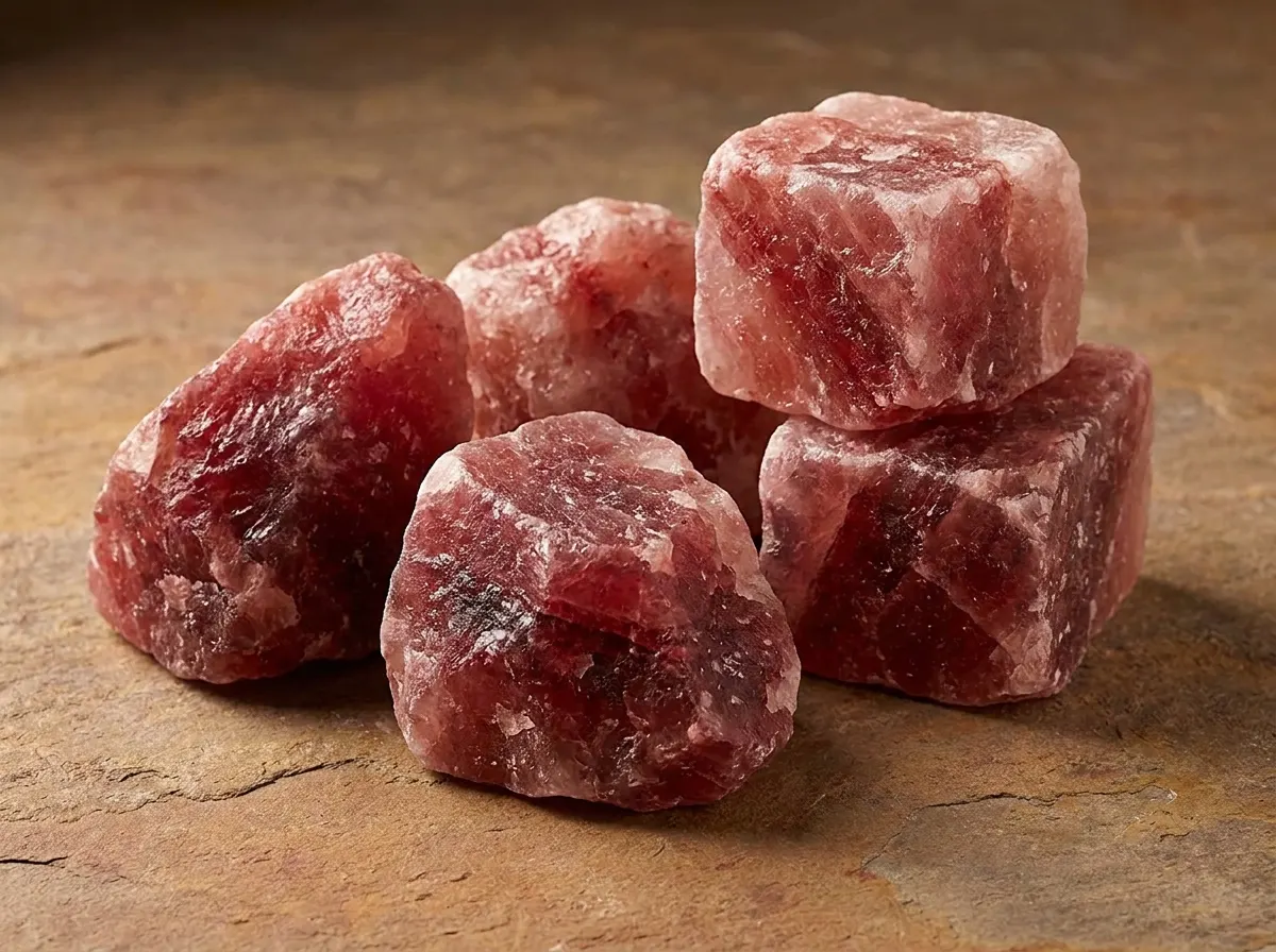 Close view of rough Kalabagh rock salt, deep red-pink with white crystalline striations.
